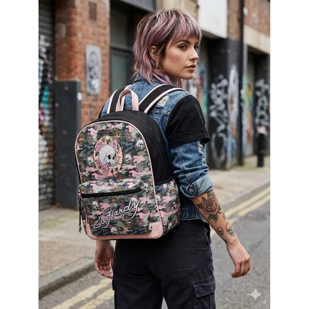 Ed Hardy Pink Camo Tattoo Skull Backpack EHH429-42-PKC NWT